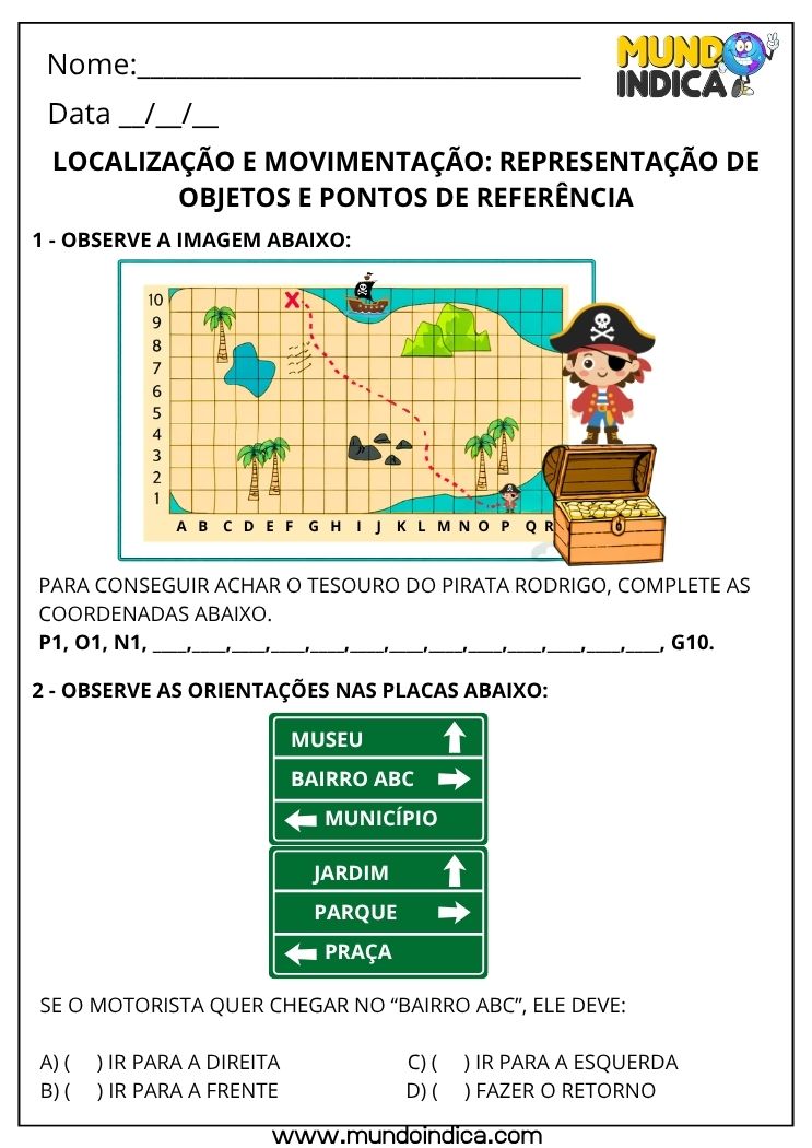 Atividade de Matemática 3º Ano sobre Localização e Movimentação para Imprimir