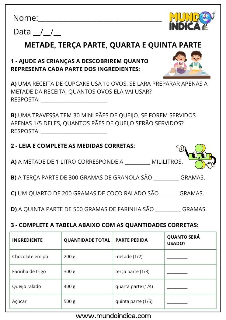 Atividade de Matemática 3º Ano sobre Metade, Terça Parte, Quarta e Quinta Parte para Imprimir