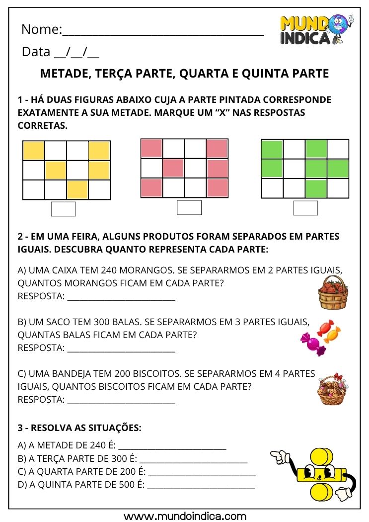 Atividade de Matemática 3º Ano sobre Metade, Terça Parte, Quarta e Quinta Parte para Imprimir