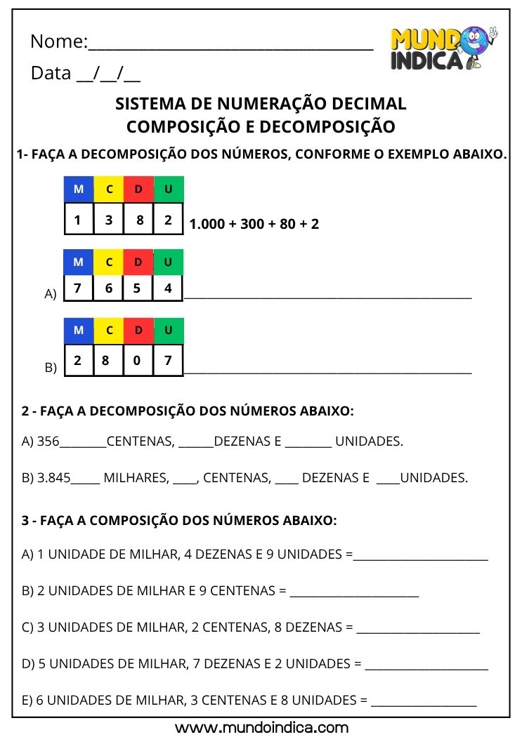 Atividade de Matemática 3º Ano sobre Sistema de Numeração Decimal para Imprimir (Composição e Decomposição)