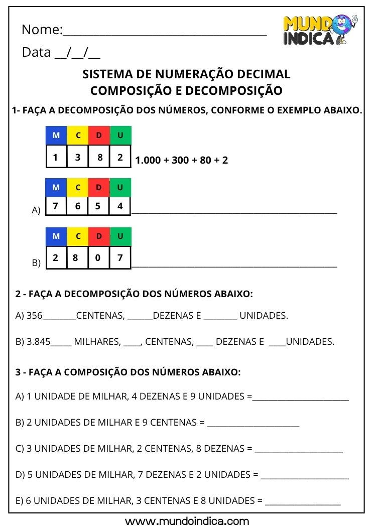 Atividade de Matemática 3º Ano sobre Sistema de Numeração Decimal para Imprimir (Composição e Decomposição)