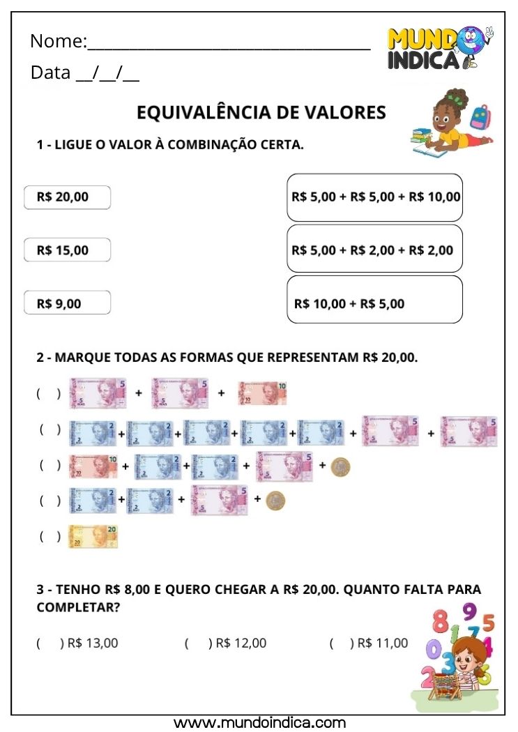 Atividade de Matemática 3º Ano sobre o Sistema Monetário Brasileiro com Equivalência de Valores
