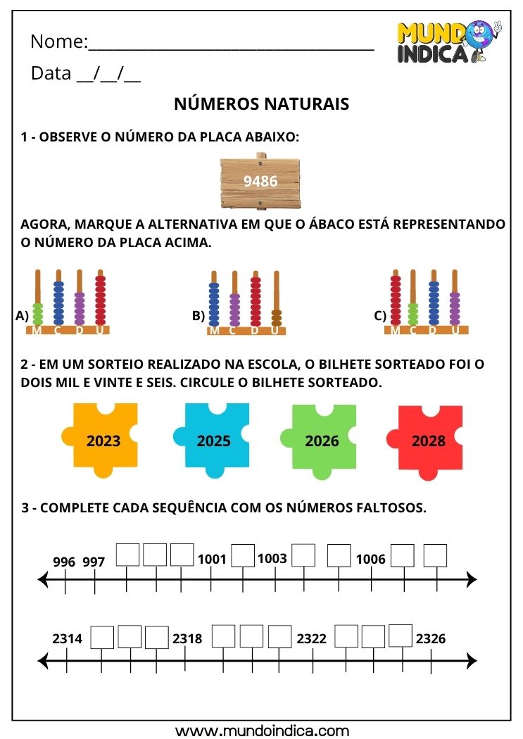 Atividade de Matemática 3º ano com Números Naturais de Quatro Ordens