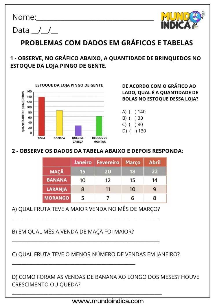 Atividade de Matemática 3º ano com Problemas Envolvendo Gráficos e Tabelas