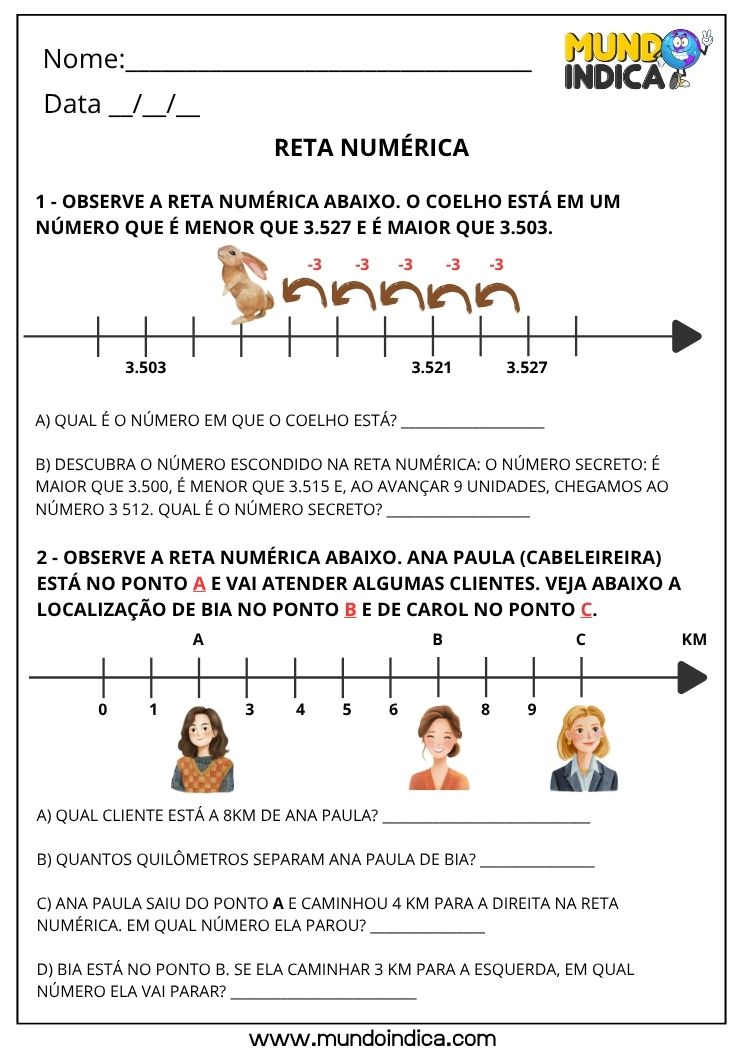 Atividade de Matemática 3º ano com Reta Numérica para Imprimir