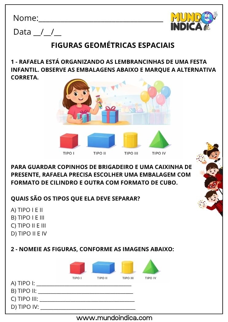 Atividade de Matemática 3º ano sobre Figuras Geométricas Espaciais (EF03MA13)