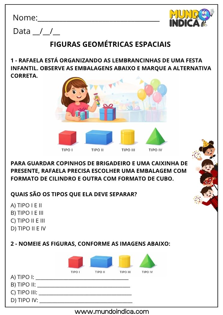 Atividade de Matemática 3º ano sobre Figuras Geométricas Espaciais