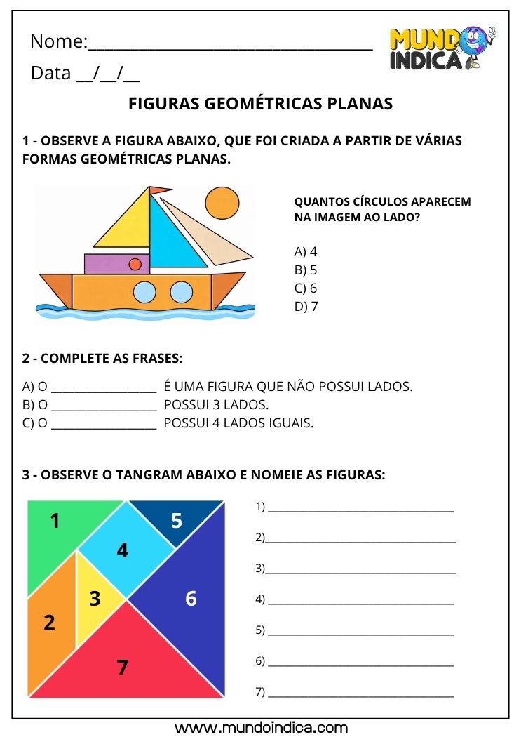 Atividade de Matemática 3º ano sobre Figuras Geométricas Planas para Imprimir