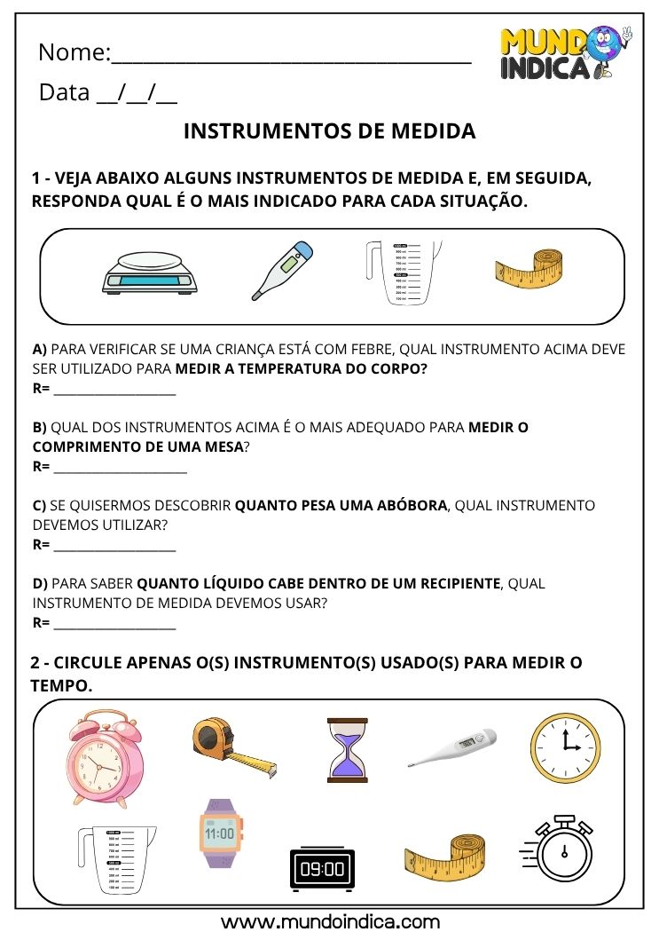 Atividade de Matemática 3º ano sobre Instrumentos de Medida para Imprimir