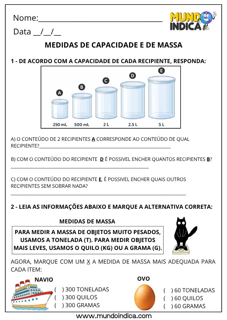 Atividade de Matemática 3º ano sobre Medidas de Capacidade e Massa