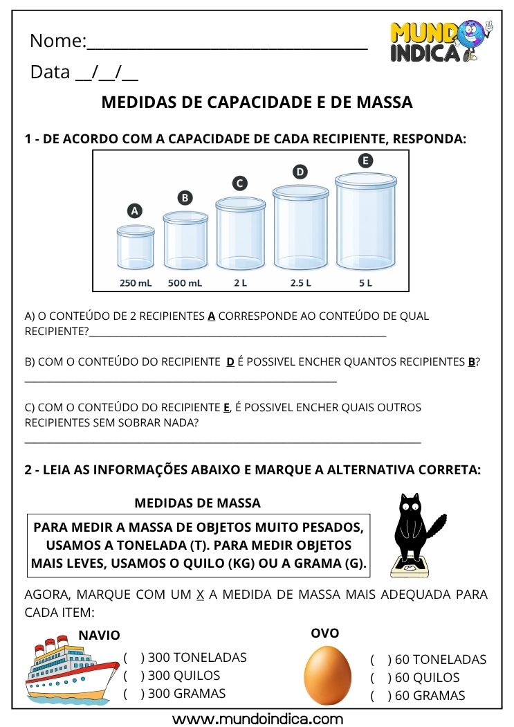 Atividade de Matemática 3º ano sobre Medidas de Capacidade e Massa
