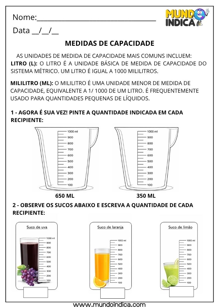 Atividade de Matemática 3º ano sobre Medidas de Capacidade