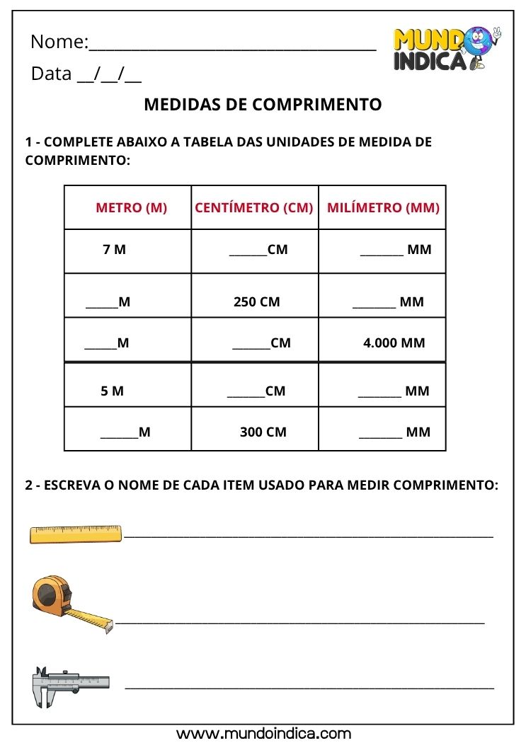 Atividade de Matemática 3º ano sobre Medidas de Comprimento