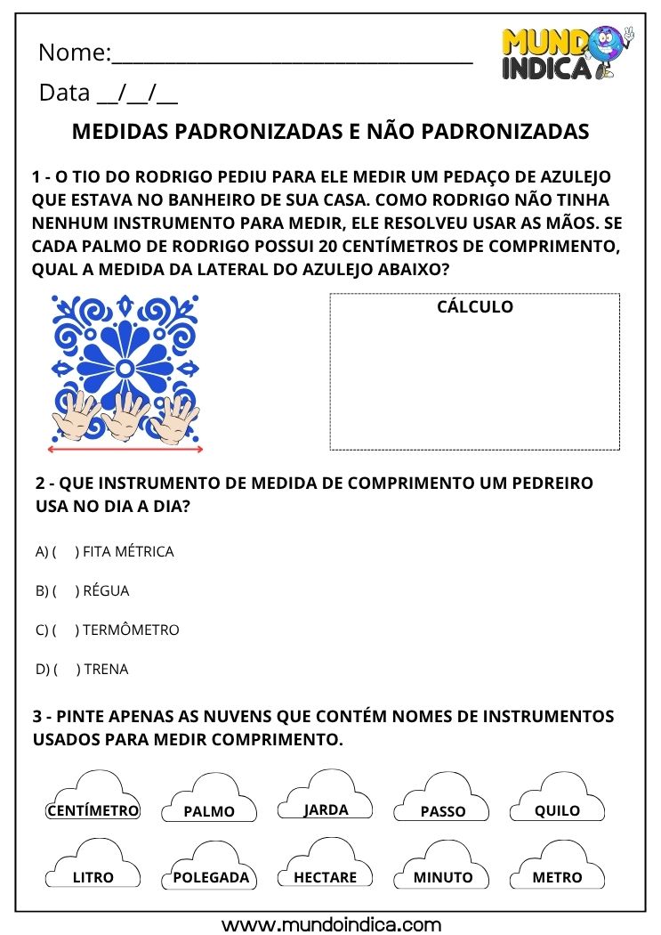 Atividade de Matemática 3º ano sobre Medidas de Comprimento Padronizadas e Não Padronizadas