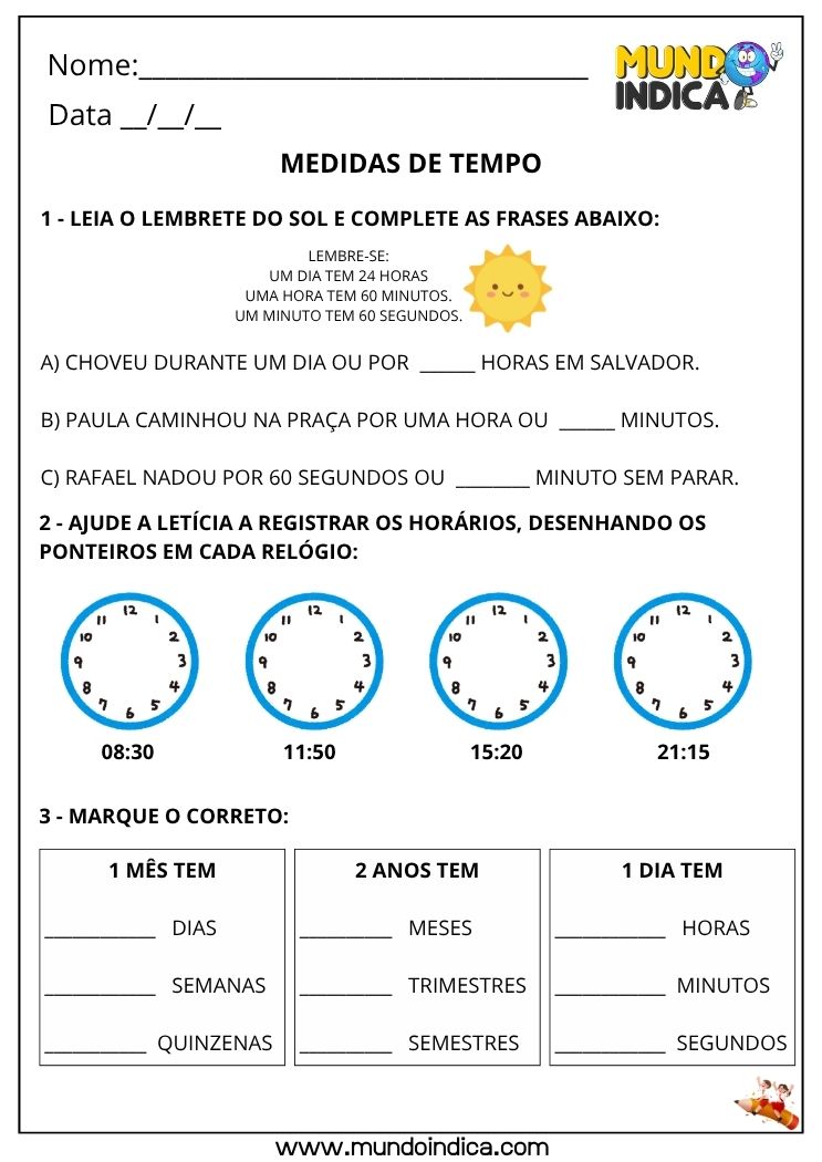 Atividade de Matemática 3º ano sobre Medidas de Tempo