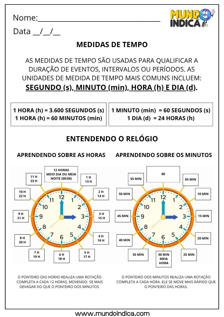 Atividade de Matemática 3º ano sobre Medidas de Tempo