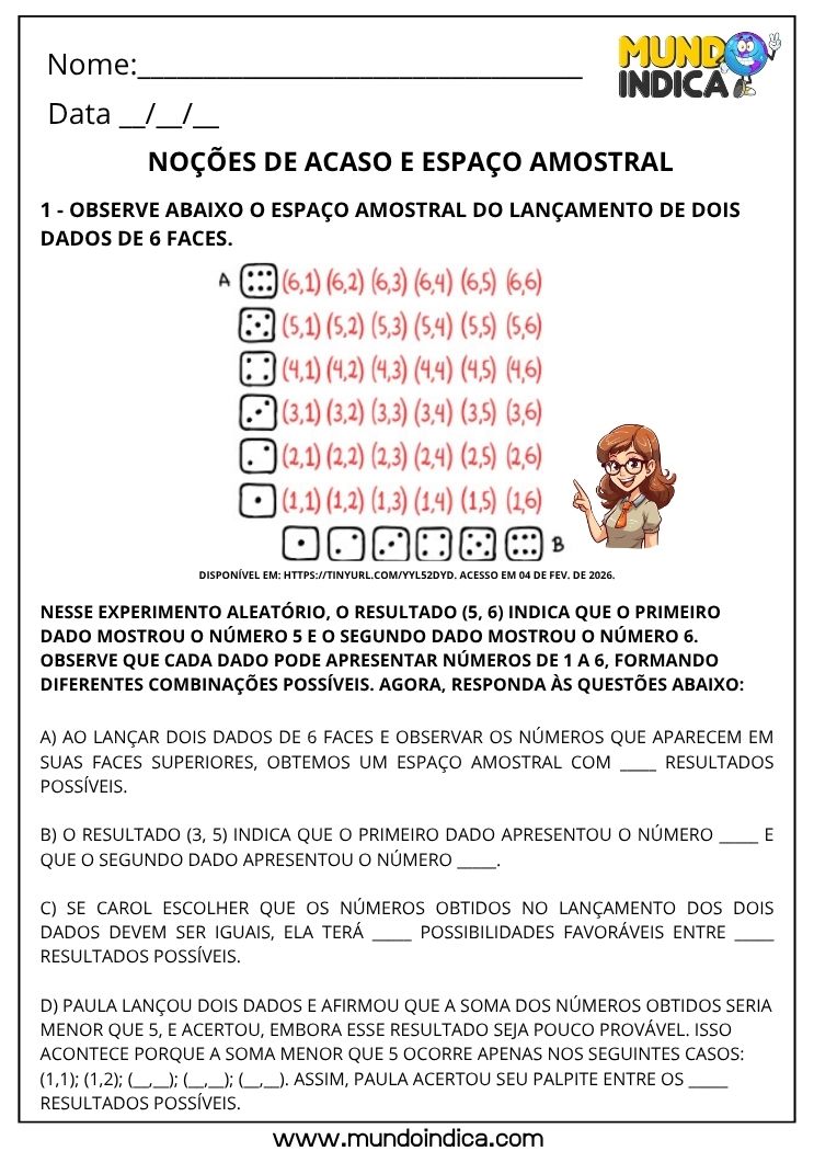 Atividade de Matemática 3º ano sobre Noções de Acaso e Espaço Amostral