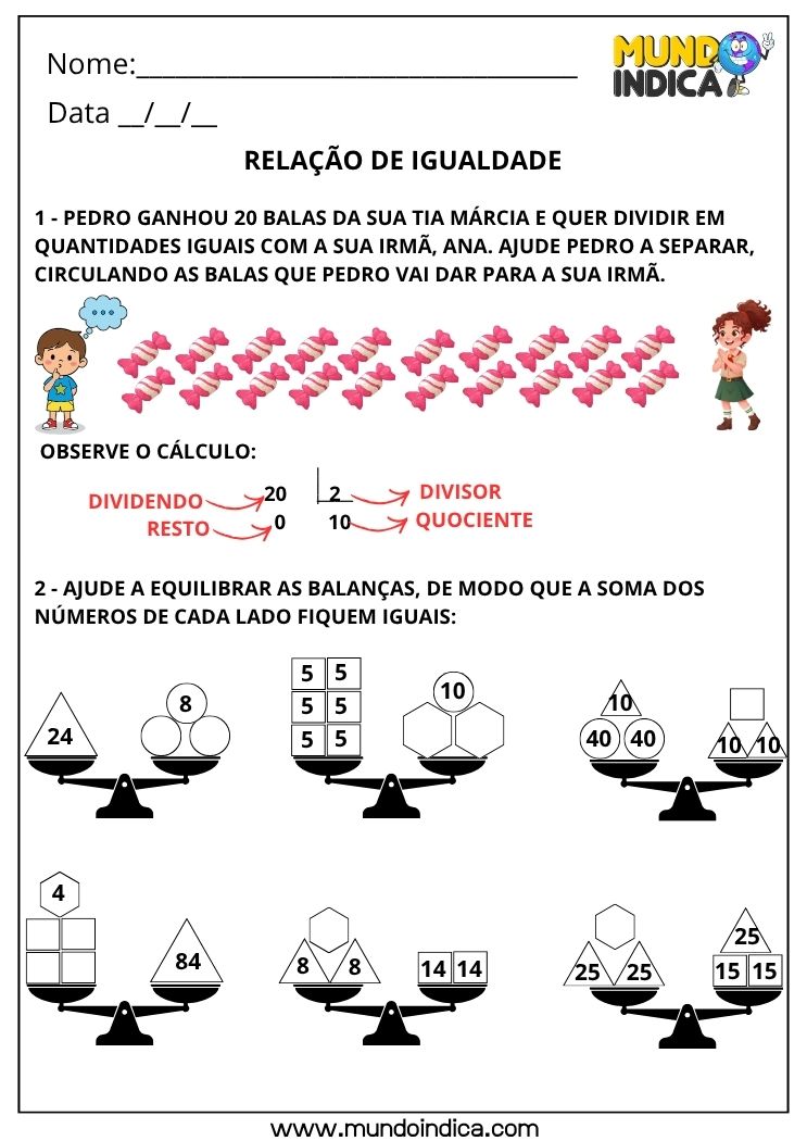 Atividade de Matemática 3º ano sobre Relação de Igualdade