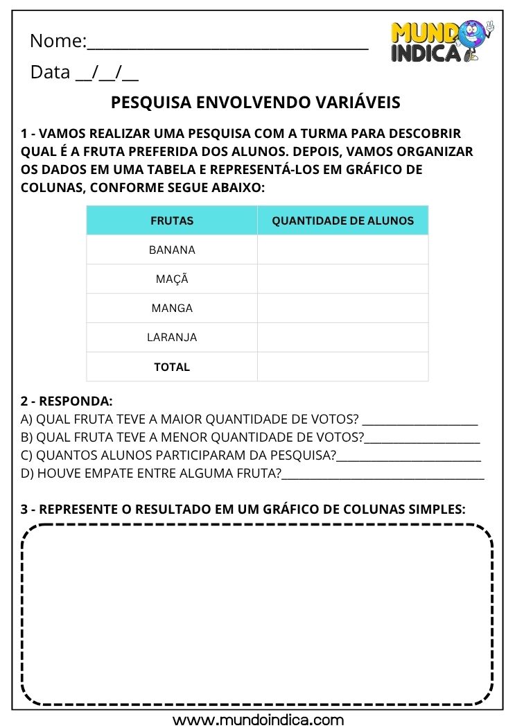 Atividade de Matemática 3º ano – Pesquisa e Organização de Dados
