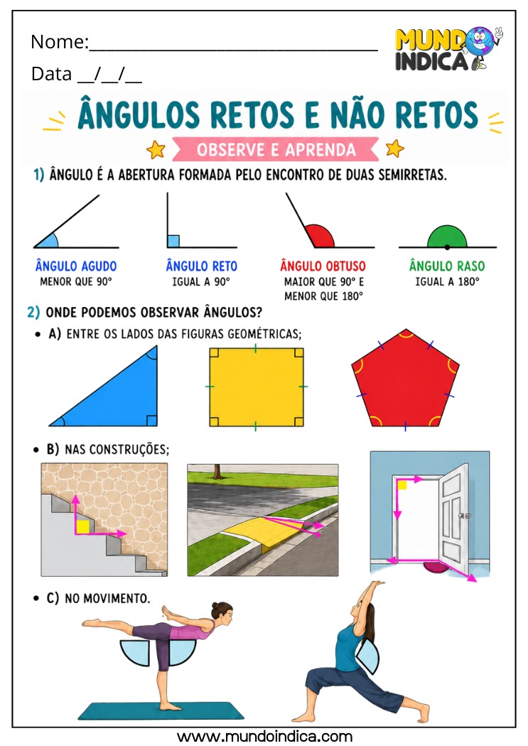 Atividade de Matemática 4º Ano com Ângulo Reto, Agudo, Obtuso e Raso para Imprimir
