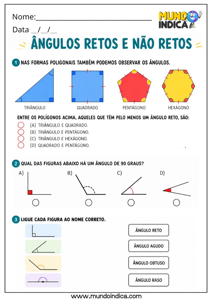 Atividade de Matemática 4º Ano com Ângulos Retos e Não Retos