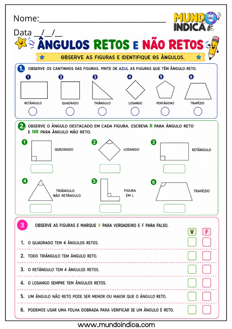 Atividade de Matemática 4º Ano com Classificação de Ângulos Retos e Não Retos