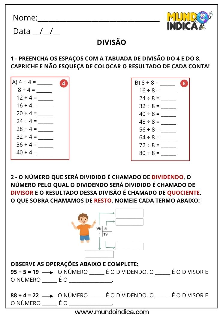 Atividade de Matemática 4º Ano com Contas de Divisão para Imprimir _ Problemas, Tabuada e Situações do Cotidiano