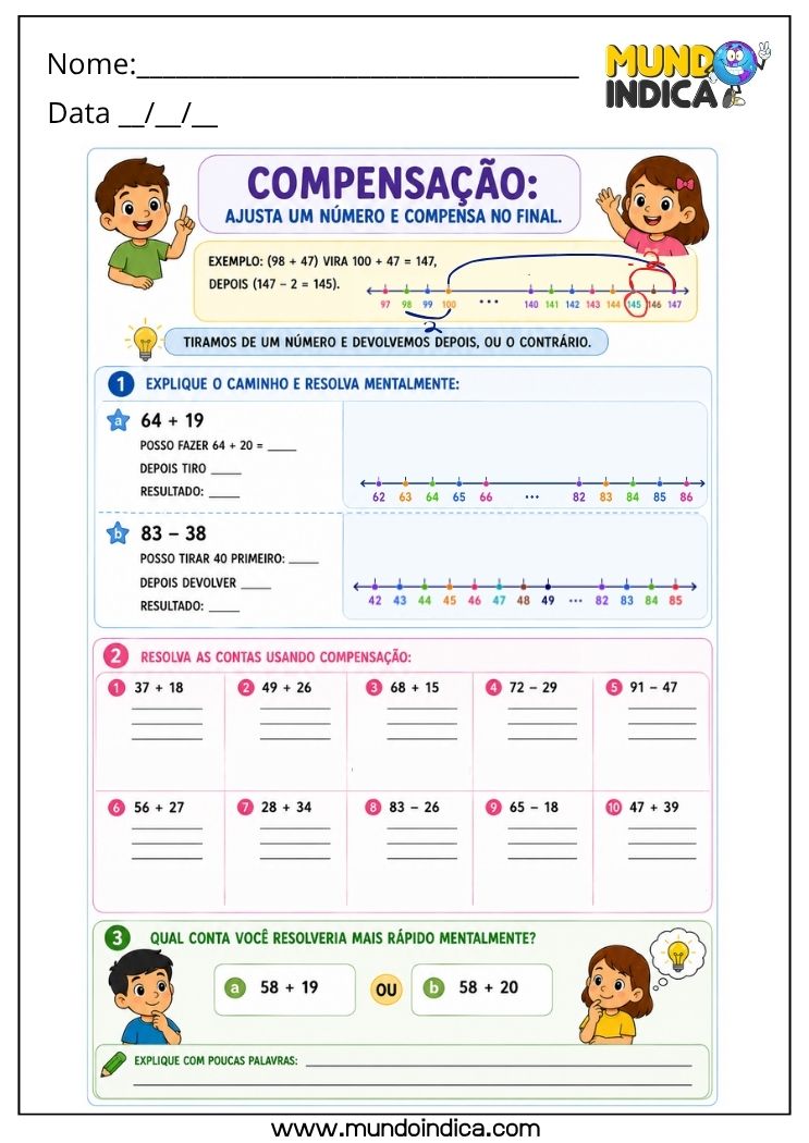 Atividade de Matemática 4º Ano com Estratégias de Cálculo Mental para Imprimir_ Decomposição, Arredondamento, Compensação e Reta Numérica (BNCC)