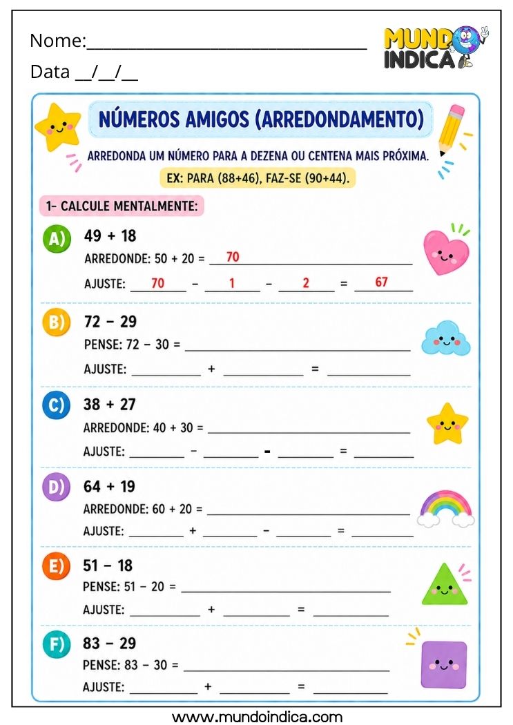 Atividade de Matemática 4º Ano com Estratégias de Cálculo Mental para Imprimir_ Decomposição, Arredondamento, Compensação e Reta