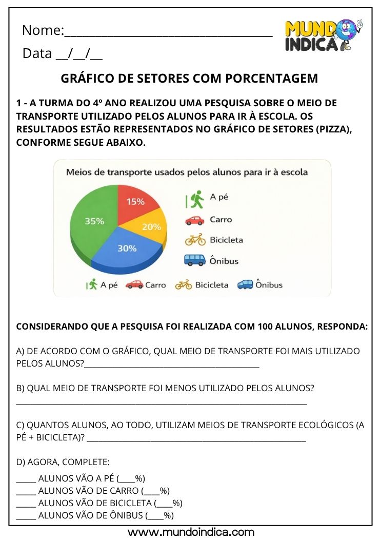 Atividade de Matemática 4º Ano com Gráfico de Setores e Porcentagem para Imprimir