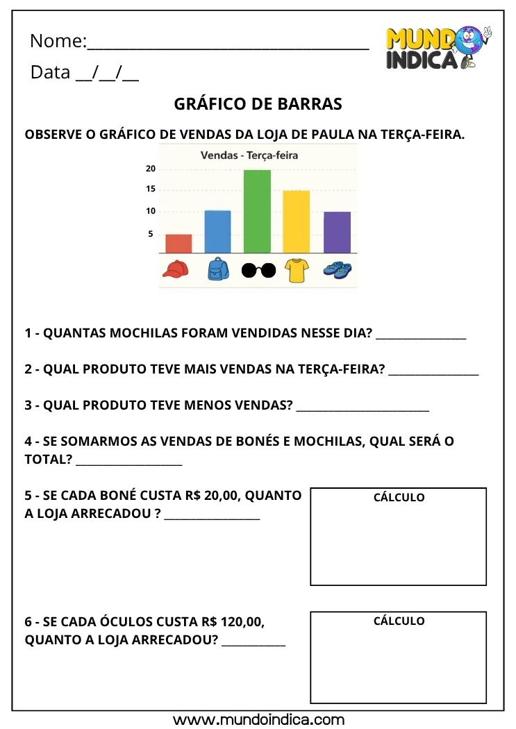 Atividade de Matemática 4º Ano com Gráficos e Interpretação de Dados para Imprimir