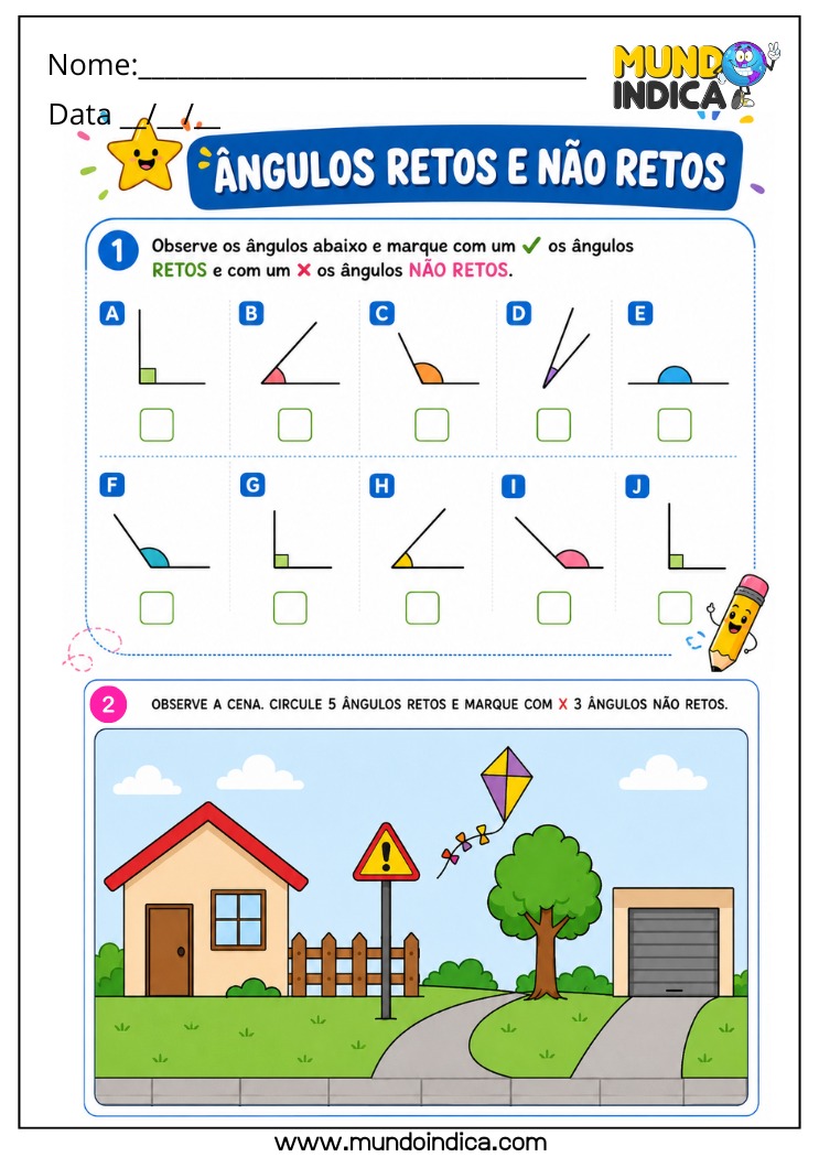 Atividade de Matemática 4º Ano com Identificação de Ângulos Retos e Não Retos