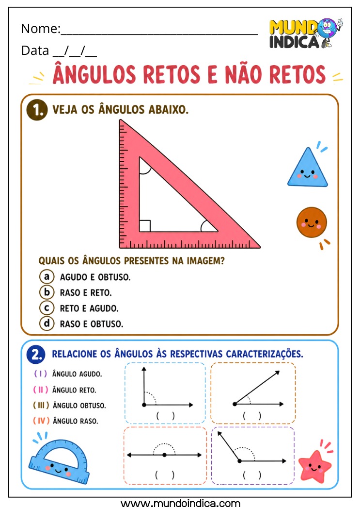 Atividade de Matemática 4º Ano com Identificação e Classificação de Ângulos