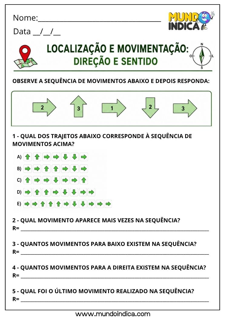 Atividade de Matemática 4º Ano com Localização e Movimentação Direção e Sentido para Imprimir