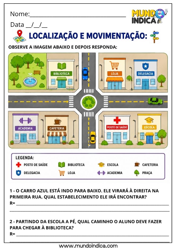 Atividade de Matemática 4º Ano com Localização e Movimentação em Mapa com Pontos de Referência para Imprimir