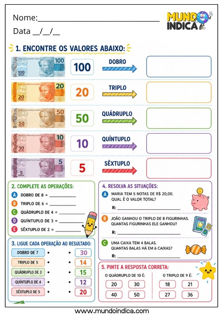 Atividade de Matemática 4º Ano com Múltiplos Dobro, Triplo, Quádruplo, Quíntuplo e Sêxtuplo