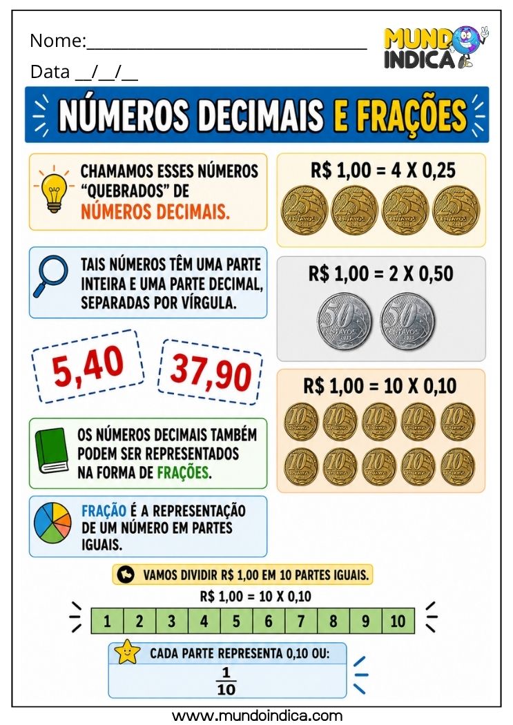 Atividade de Matemática 4º Ano com Números Decimais, Frações e Valores em Reais