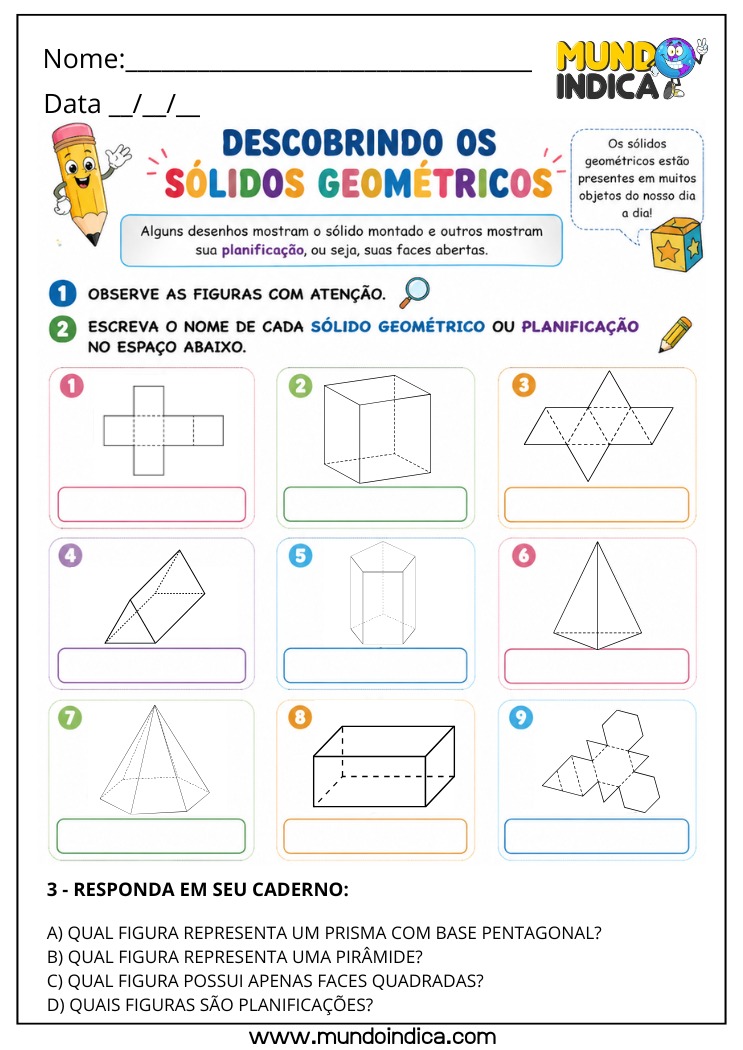 Atividade de Matemática 4º Ano com Planificações de Prismas e Pirâmides para Imprimir