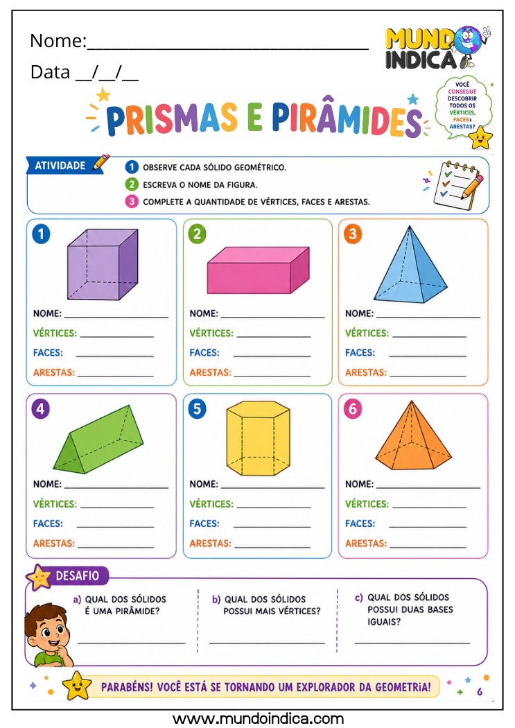 Atividade de Matemática 4º Ano com Prismas e Pirâmides Vértices, Faces e Arestas para Imprimir