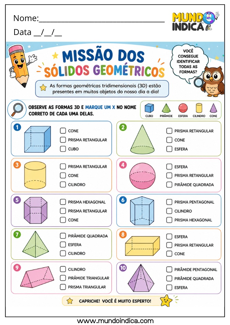 Atividade de Matemática 4º Ano com Reconhecimento de Sólidos Geométricos para Imprimir