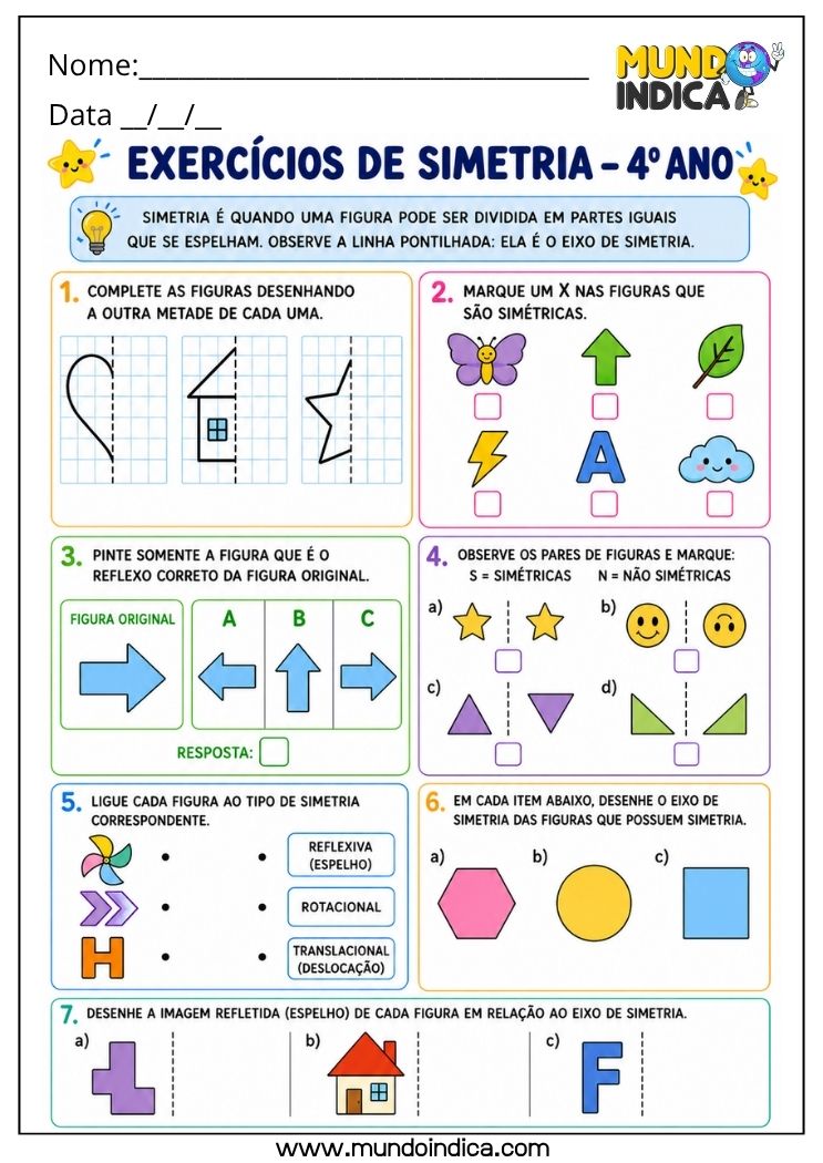 Atividade de Matemática 4º Ano com Simetria de Reflexão e Figuras Simétricas para Imprimir