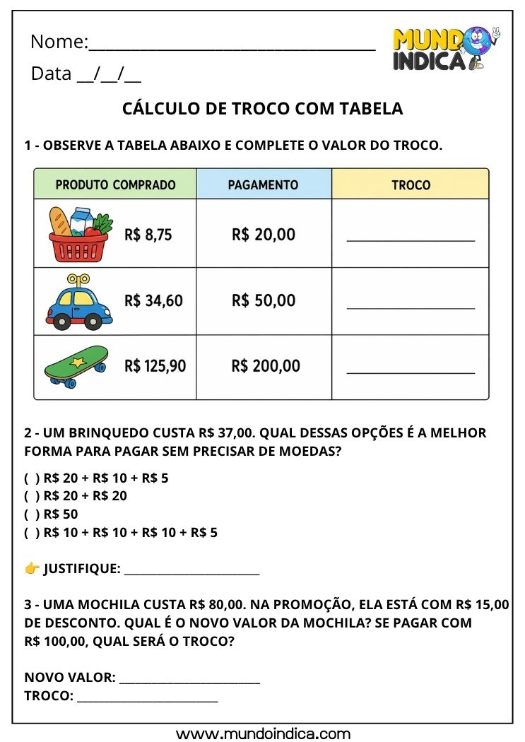 Atividade de Matemática 4º Ano com Sistema Monetário Brasileiro para Imprimir _ Problemas de Compra, Venda, Troco e Desconto
