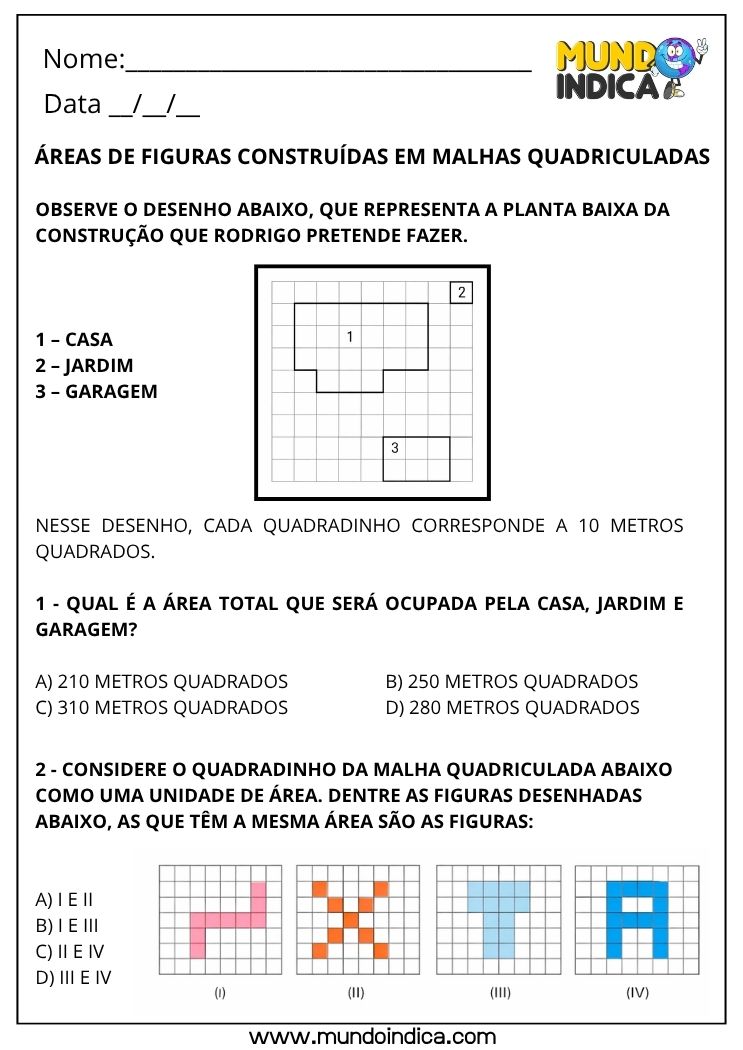 Atividade de Matemática 4º Ano sobre Área em Malha Quadriculada para Imprimir