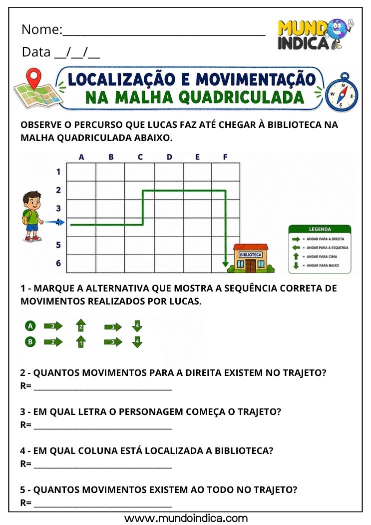 Atividade de Matemática 4º Ano sobre Localização para Imprimir _ Direção, Sentido, Mapas e Malha Quadriculada (BNCC EF04MA16)