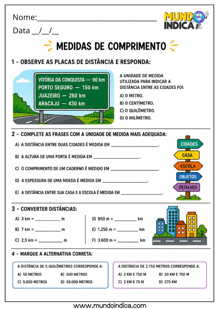 Atividade de Matemática 4º Ano sobre Medidas de Comprimento para Imprimir com Perímetro, Conversões e Situações do Cotidiano (BNCC)