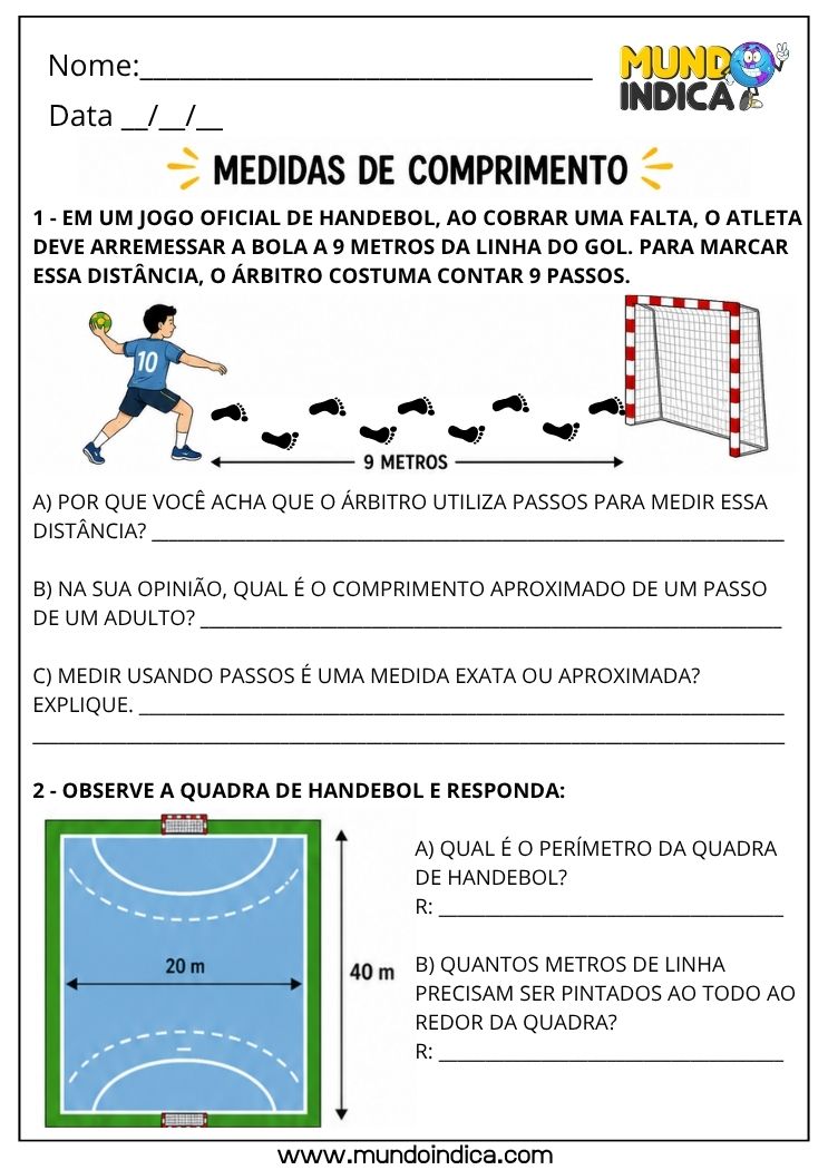 Atividade de Matemática 4º Ano sobre Medidas de Comprimento para Imprimir com Perímetro, Conversões e Situações do Cotidiano (BNCC)