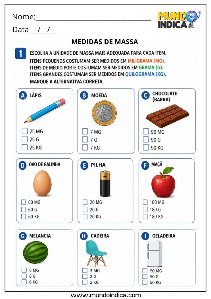 Atividade de Matemática 4º Ano sobre Medidas de Massa para Imprimir com Situações do Cotidiano (BNCC)