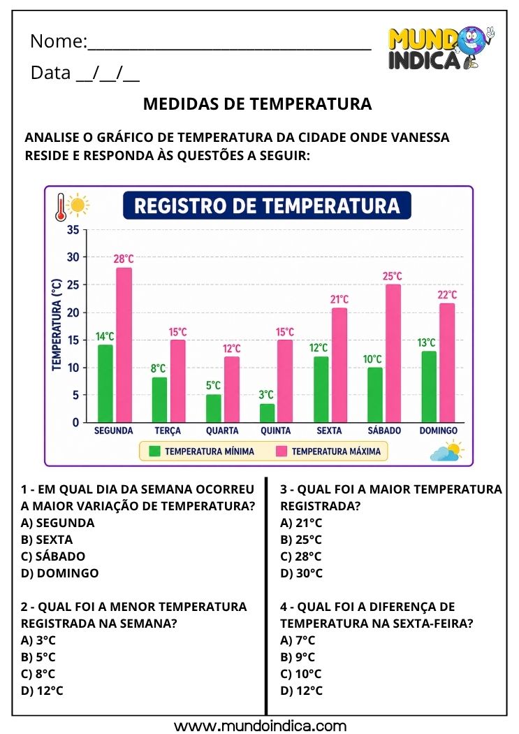 Atividade de Matemática 4º Ano sobre Medidas de Temperatura para Imprimir com Gráficos, Tabelas e Termômetro