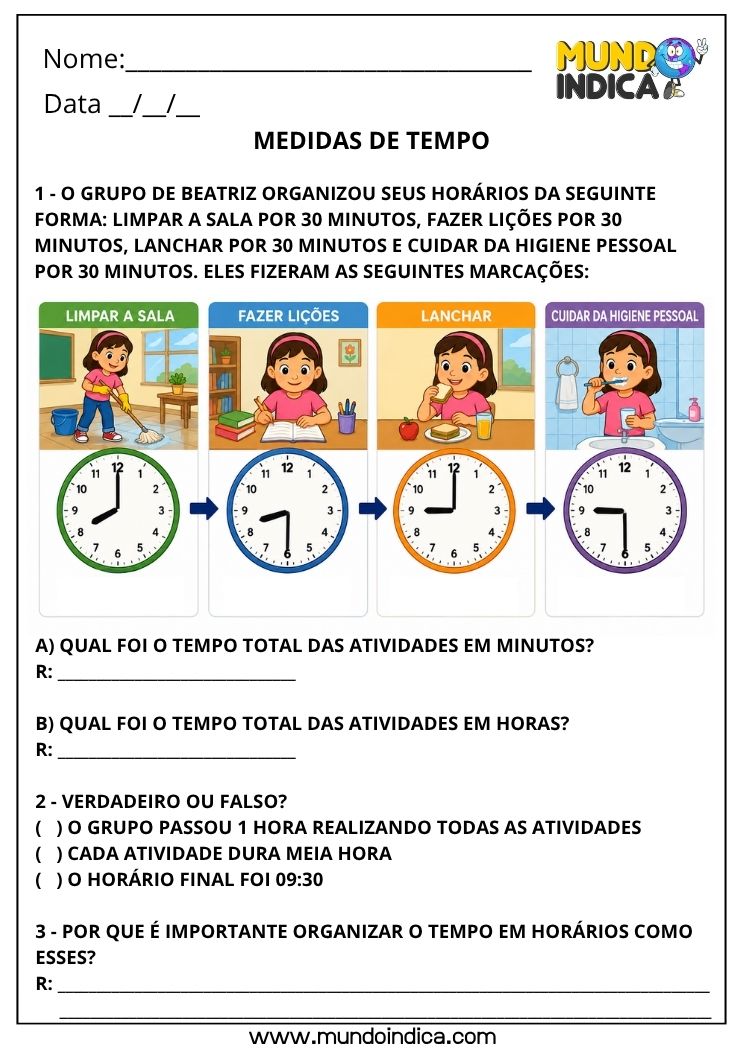 Atividade de Matemática 4º Ano sobre Medidas de Tempo para Imprimir (Horas, Minutos, Segundos, Relógio e Situações do Cotidiano)