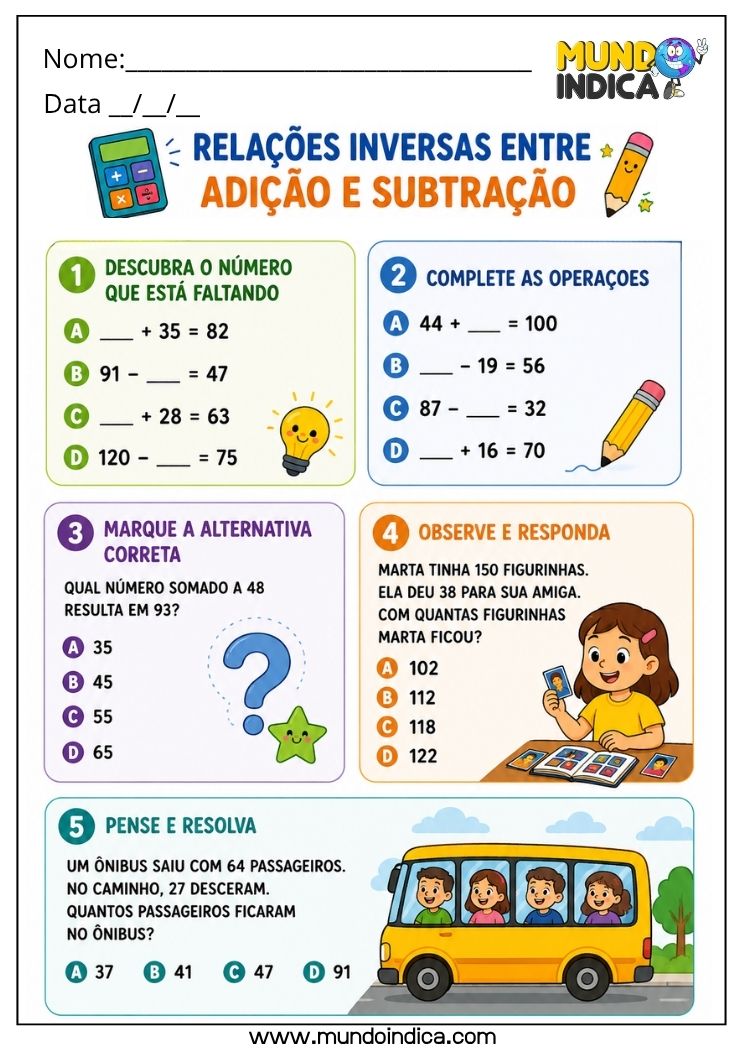 Atividade de Matemática 4º Ano sobre Relações Inversas entre Adição e Subtração para Imprimir (BNCC)